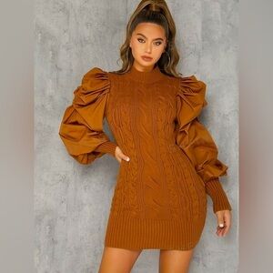 SHEIN Haute Puff Sleeve Cable Knit Sweater Mini Dress in Burnt Orange- SZ XS/ 2